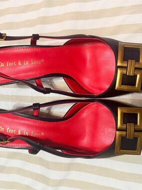Black Slingback Flats with Red Insole and Gold Accent - Women Shoes